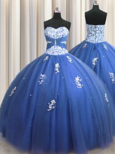 Royal Blue Ball Gowns Beading and Appliques 15th Birthday Dress Lace Up Tulle Sleeveless Floor Length