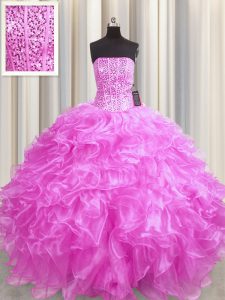 Simple Visible Boning Rose Pink Lace Up Quinceanera Gowns Beading and Ruffles Sleeveless Floor Length