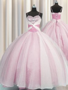 Smart Spaghetti Straps Sleeveless Floor Length Beading and Ruching Lace Up 15 Quinceanera Dress with Rose Pink