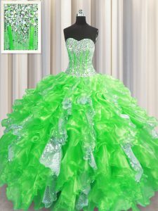 Fancy Visible Boning Organza and Sequined Sleeveless Floor Length Quinceanera Dresses and Beading and Ruffles and Sequins
