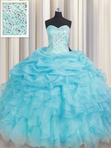 Luxurious Organza Sweetheart Sleeveless Lace Up Beading and Ruffles Ball Gown Prom Dress in Baby Blue