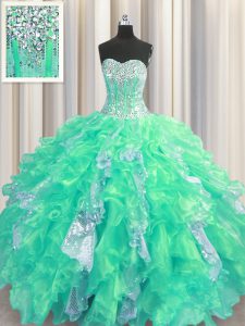 Glamorous Sleeveless Floor Length Beading and Ruffles and Sequins Lace Up Vestidos de Quinceanera with Turquoise