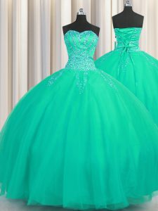 Hot Selling Really Puffy Ball Gowns Sweet 16 Dresses Turquoise Sweetheart Tulle Sleeveless Floor Length Lace Up