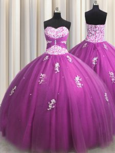 New Arrival Beading and Appliques Quince Ball Gowns Fuchsia Lace Up Sleeveless Floor Length