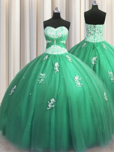 Turquoise Sleeveless Floor Length Beading and Appliques Lace Up Quinceanera Gown