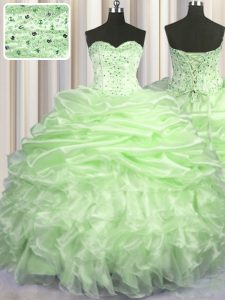 Yellow Green Sweet 16 Quinceanera Dress Military Ball and Sweet 16 and Quinceanera with Beading and Ruffles and Pick Ups Sweetheart Sleeveless Brush Train Lace Up