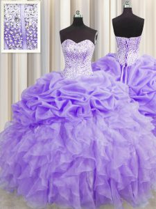 Custom Made Visible Boning Sweetheart Sleeveless Organza Quinceanera Gowns Beading and Ruffles and Pick Ups Lace Up