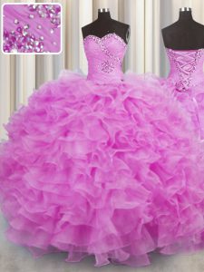 Perfect Lilac Quinceanera Gown Military Ball and Sweet 16 and Quinceanera with Beading and Ruffles Sweetheart Sleeveless Lace Up