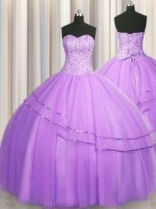 Fitting Visible Boning Puffy Skirt Beading Sweet 16 Dresses Lilac Lace Up Sleeveless Floor Length