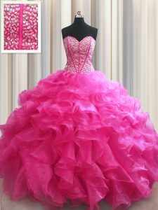 Most Popular Visible Boning Sweetheart Sleeveless Quinceanera Dress Floor Length Beading and Ruffles Hot Pink Organza