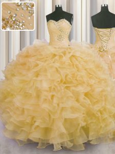 Admirable Sleeveless Floor Length Beading and Ruffles Lace Up Sweet 16 Quinceanera Dress with Gold