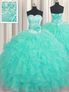 Handcrafted Flower Beading and Ruffles and Hand Made Flower Quinceanera Dresses Aqua Blue Lace Up Sleeveless Floor Length