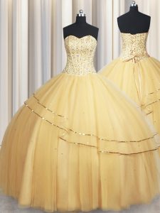 Visible Boning Big Puffy Beading and Ruching Quince Ball Gowns Champagne Lace Up Sleeveless Floor Length