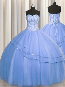 Flirting Visible Boning Big Puffy Floor Length Ball Gowns Sleeveless Blue Sweet 16 Quinceanera Dress Lace Up