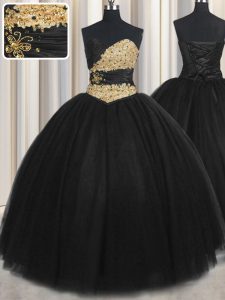 Fashionable Black Sweetheart Lace Up Beading and Appliques and Ruching and Belt Quinceanera Gowns Sleeveless