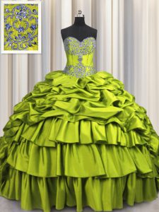 Brush Train Olive Green Lace Up Sweet 16 Quinceanera Dress Beading and Embroidery and Ruffled Layers and Pick Ups Sleeveless Floor Length