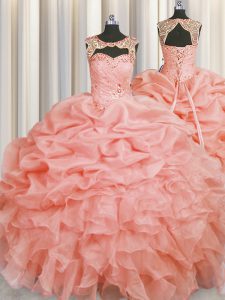 Cheap Scoop Floor Length Lace Up Quinceanera Gowns Baby Pink for Military Ball and Sweet 16 and Quinceanera with Beading and Pick Ups