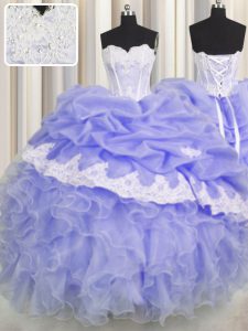 Classical Lavender Ball Gowns Sweetheart Sleeveless Organza Floor Length Lace Up Beading and Appliques and Ruffles and Pick Ups Quinceanera Dress