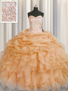 Cute Floor Length Lace Up Quinceanera Gown Gold for Military Ball and Sweet 16 and Quinceanera with Beading and Ruffles