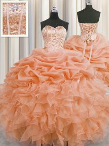 Fantastic Visible Boning Floor Length Orange Quinceanera Gown Organza Sleeveless Beading and Ruffles and Pick Ups