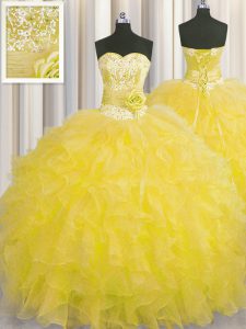 Handcrafted Flower Gold Organza Lace Up 15th Birthday Dress Sleeveless Floor Length Beading and Ruffles and Hand Made Flower