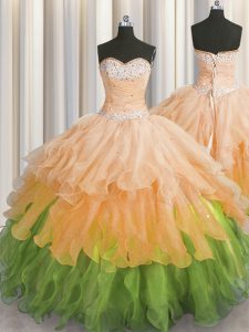 Delicate Multi-color Ball Gowns Organza Sweetheart Sleeveless Beading and Ruffles and Ruffled Layers and Sequins Floor Length Lace Up 15 Quinceanera Dress