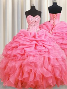 Fantastic Pick Ups Halter Top Sleeveless Lace Up Quinceanera Gown Rose Pink Organza