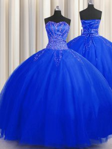 Traditional Puffy Skirt Royal Blue Ball Gowns Beading Sweet 16 Quinceanera Dress Lace Up Tulle Sleeveless Floor Length