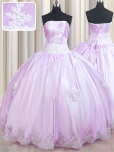 High End Lilac Ball Gowns Strapless Sleeveless Taffeta Floor Length Lace Up Beading and Appliques Sweet 16 Quinceanera Dress