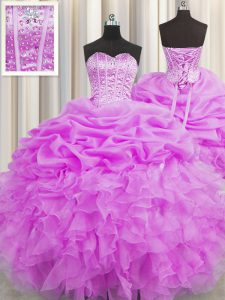 Top Selling Visible Boning Lilac Organza Lace Up Sweetheart Sleeveless Floor Length Sweet 16 Quinceanera Dress Beading and Ruffles and Pick Ups