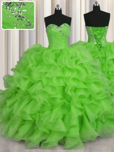 Adorable Sleeveless Organza Floor Length Lace Up Sweet 16 Dress in with Beading and Ruffles