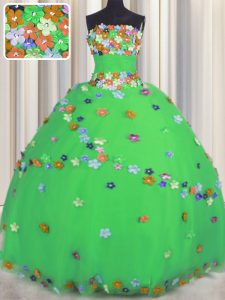 Flare Green Tulle Lace Up 15 Quinceanera Dress Sleeveless Floor Length Hand Made Flower