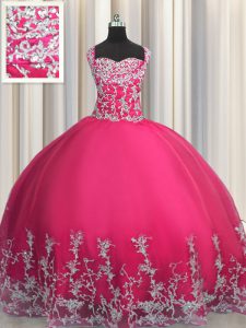 Comfortable Hot Pink Tulle Lace Up Quinceanera Dresses Sleeveless Floor Length Beading and Appliques