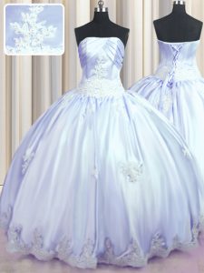 Extravagant Lavender Ball Gowns Strapless Sleeveless Taffeta Floor Length Lace Up Appliques Vestidos de Quinceanera