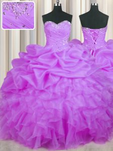 Purple Organza Lace Up Quince Ball Gowns Sleeveless Floor Length Beading and Ruffles and Pick Ups
