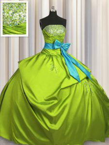 Strapless Sleeveless Ball Gown Prom Dress Floor Length Beading and Ruching and Bowknot Olive Green Taffeta