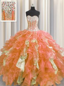 Hot Selling Visible Boning Sweetheart Sleeveless Organza and Sequined Vestidos de Quinceanera Beading and Ruffles and Sequins Lace Up