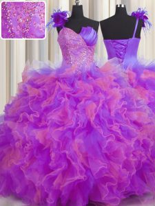 Handcrafted Flower Multi-color 15th Birthday Dress Military Ball and Sweet 16 with Beading and Ruffles and Hand Made Flower One Shoulder Sleeveless Lace Up