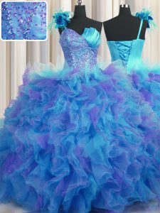 Glamorous Handcrafted Flower Multi-color Lace Up One Shoulder Beading and Ruffles and Hand Made Flower 15th Birthday Dress Tulle Sleeveless