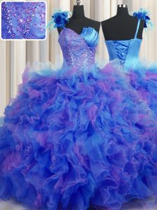 Deluxe Handcrafted Flower Tulle One Shoulder Sleeveless Lace Up Beading and Ruffles and Hand Made Flower Sweet 16 Dresses in Multi-color