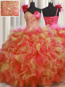 Handcrafted Flower Multi-color One Shoulder Lace Up Beading and Ruffles and Hand Made Flower Quinceanera Dress Sleeveless