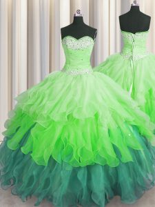 Traditional Organza Sweetheart Sleeveless Lace Up Beading and Ruffles and Ruffled Layers and Sequins Ball Gown Prom Dress in Multi-color