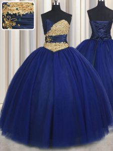 Ball Gowns Sweet 16 Dress Navy Blue Sweetheart Tulle Sleeveless Floor Length Lace Up