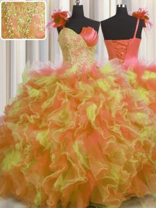 Custom Designed One Shoulder Handcrafted Flower Sleeveless Lace Up Floor Length Beading and Ruffles and Hand Made Flower Sweet 16 Dresses