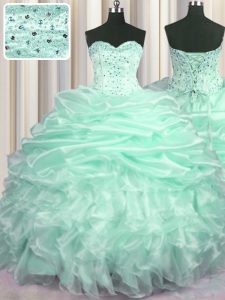Vintage Apple Green Ball Gowns Sweetheart Sleeveless Organza With Train Sweep Train Lace Up Beading and Ruffles and Pick Ups Quinceanera Gowns