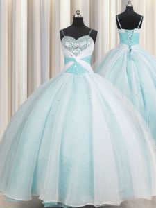 Custom Design Aqua Blue Organza Lace Up Spaghetti Straps Sleeveless Floor Length Ball Gown Prom Dress Beading and Ruching