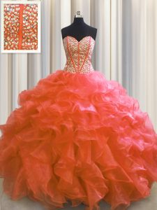 Visible Boning Red Sweetheart Lace Up Beading and Ruffles Quinceanera Gown Sleeveless