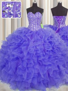 Suitable Visible Boning Purple Organza Lace Up Sweetheart Sleeveless Floor Length 15 Quinceanera Dress Beading and Ruffles and Sashes ribbons