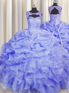 Scoop Blue Organza Lace Up Ball Gown Prom Dress Sleeveless Floor Length Beading and Pick Ups