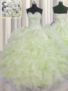 Comfortable Yellow Green Lace Up Sweetheart Beading and Ruffles Quinceanera Dress Organza Sleeveless